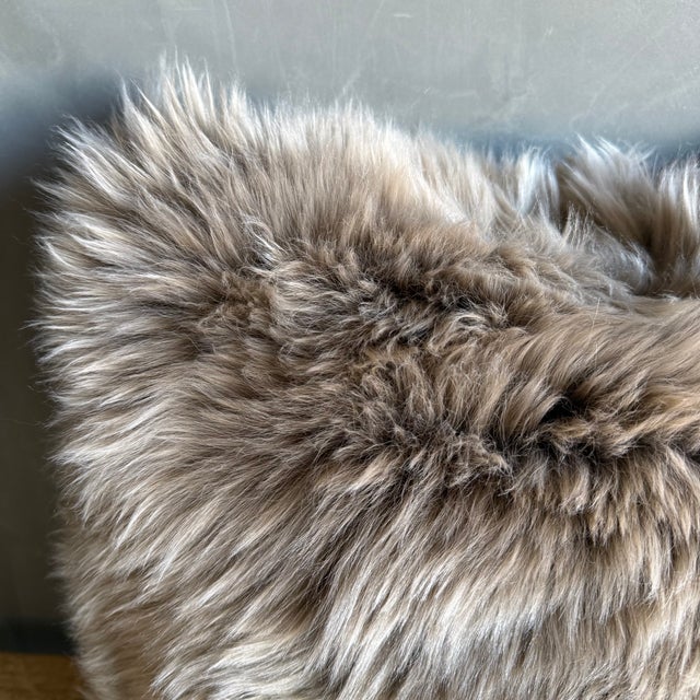 Rustic European Mongolian Sheepskin Pillow With Insert in Taupe For Sale - Image 3 of 5