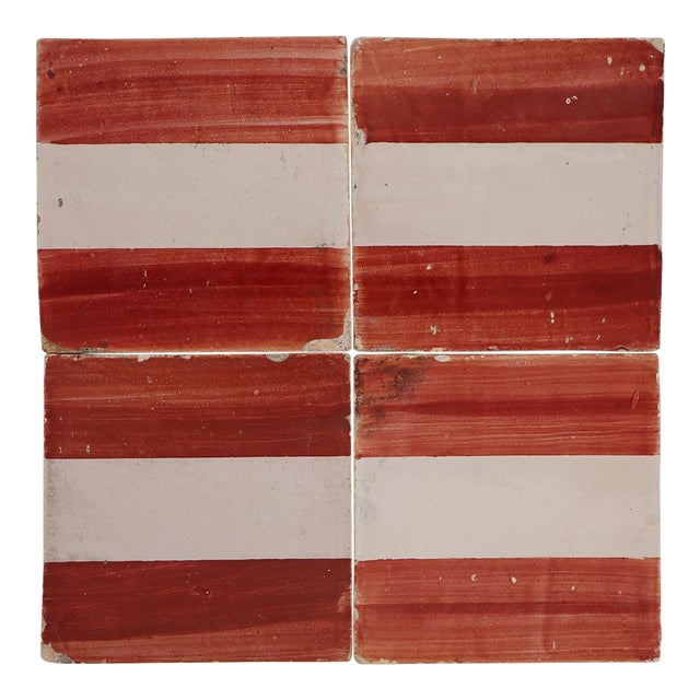 19th Century Set of Four Tiles Red & Antique White, Portuguese For Sale