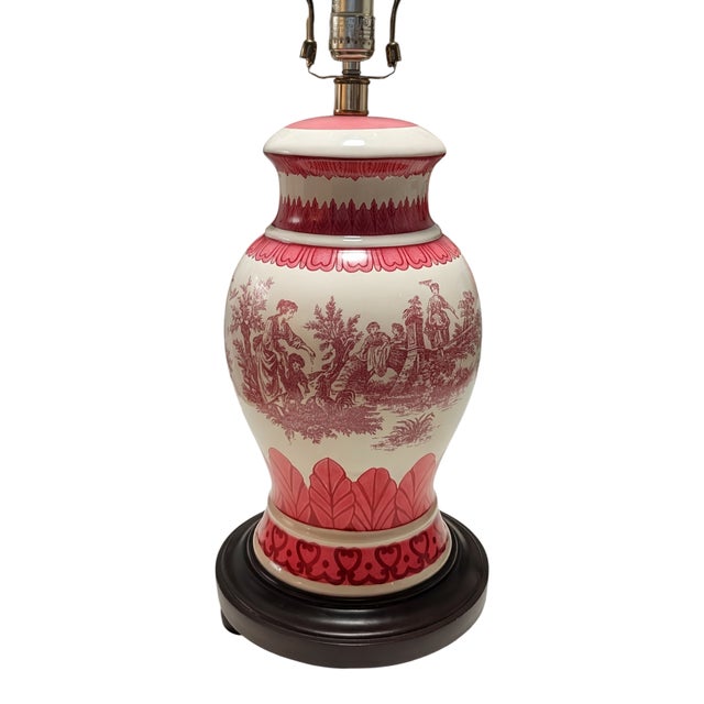 Wood Vintage Red Toile Decorated Table Lamp and Shade For Sale - Image 7 of 16