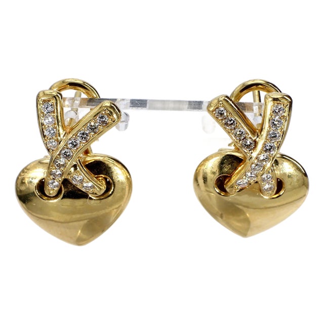 Late 20th Century Pair of 18k Yellow Gold Heart Shaped Earrings With Diamond Accents For Sale