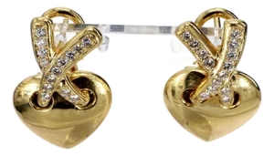 Late 20th Century Pair of 18k Yellow Gold Heart Shaped Earrings With Diamond Accents