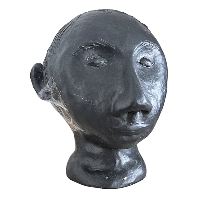Modernist Studio Pottery Black Ceramic Sculpture of a Human Head, 1980s For Sale