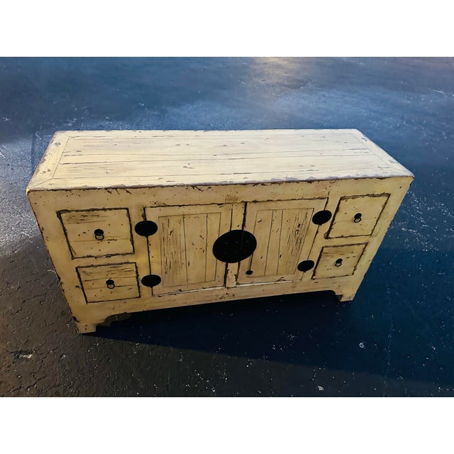 Yellow Mid 20th Century Asian Ming Style Distressed Butter Yellow Sideboard/Buffet For Sale - Image 8 of 10