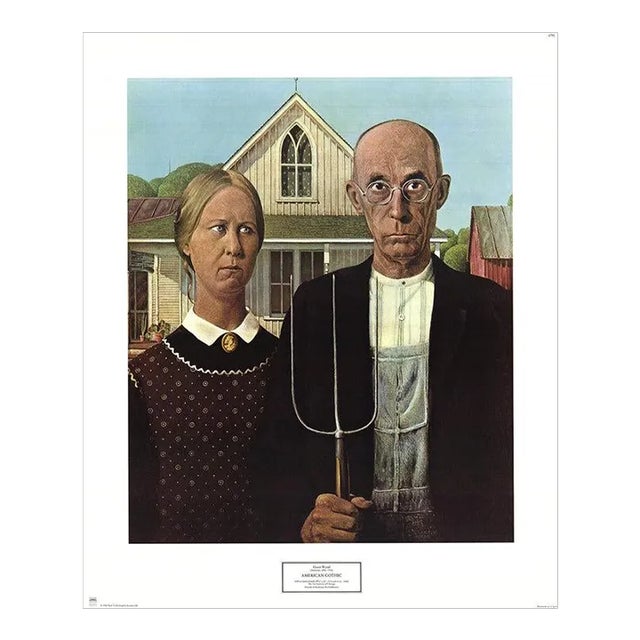 1982 Grant Wood 'American Gothic' Modernism Black, Sky Blue & Brown Offset Lithograph For Sale