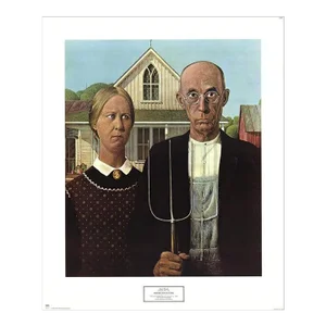 1982 Grant Wood 'American Gothic' Modernism Black, Sky Blue & Brown Offset Lithograph