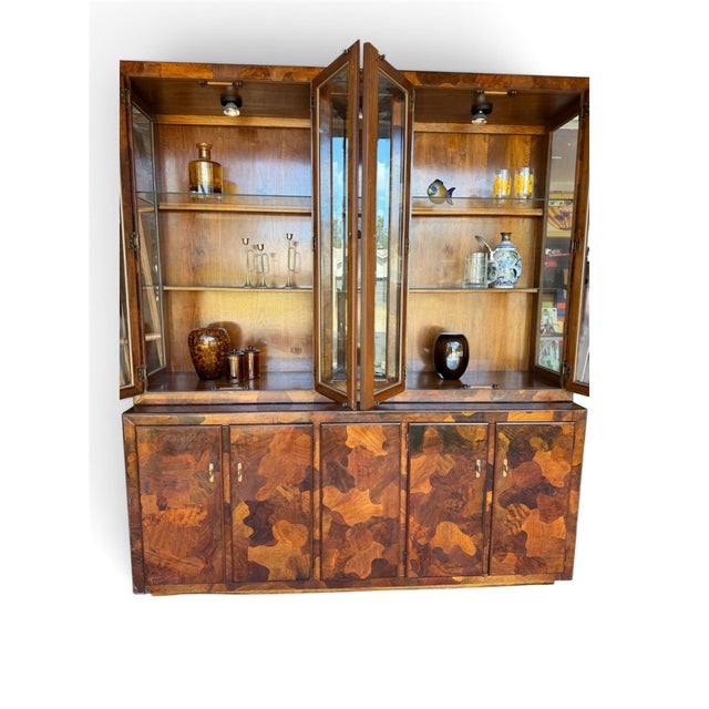 Brown 1970s American of Martinsville Credenza and China Cabinet Hutch Patchwood Olive Wood ' Camo' Cabinet For Sale - Image 8 of 14