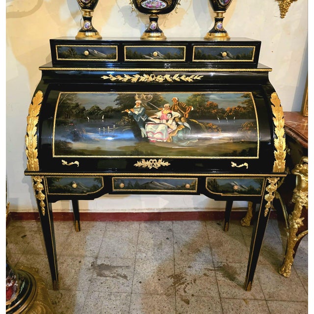 Louis XV Roll Top Secretary Desk – Hand Painted Black Bureau With Gold Leaf Details For Sale - Image 4 of 5