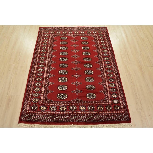 Tribal Bokhara Rug 4’8” X 6’1” Red Wool Tribal Hand-Knotted Oriental Carpet For Sale - Image 3 of 12