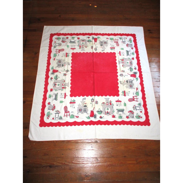This is a Fabulous! Vintage 1950's Rare Americana / Country Red Cotton Tablecloth with Country Wood Cook Store and Hearth...