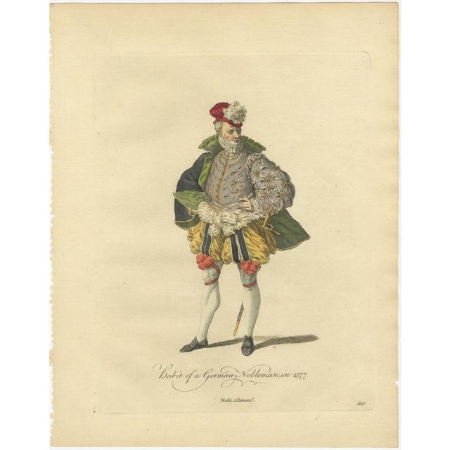 Jefferys, German Nobleman in Plumed Red Cap and Paned Hose, Costume of 1577, 1757, Engraving For Sale - Image 3 of 9