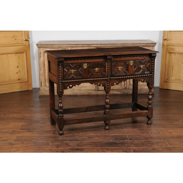 Late 19th Century English 1870s Oak Dresser Base with Carved Geometric Front and Two Drawers For Sale - Image 5 of 12