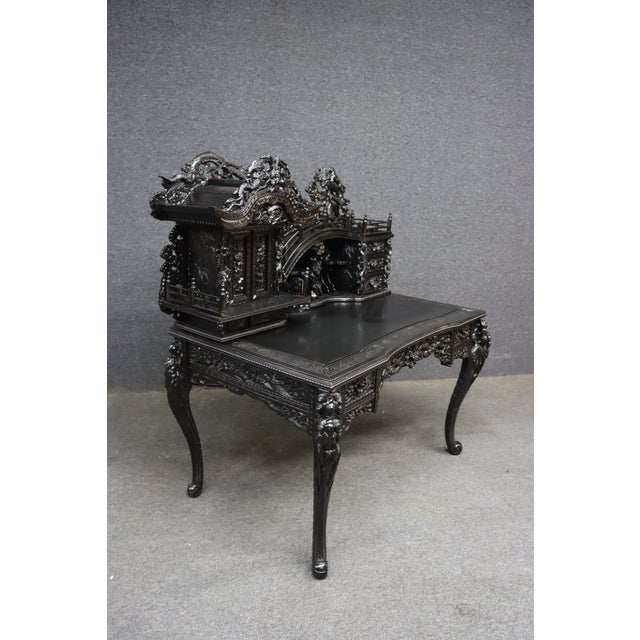 Highly Carved Chinese Dragon Black Lacquer Writing Desk / Secretary Desk For Sale - Image 13 of 15