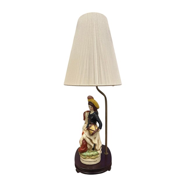 Figurative Antique English Staffordshire Pottery Dog & Girl / Lady Figural Lamp With Ivory Silk String Shade. For Sale - Image 3 of 9
