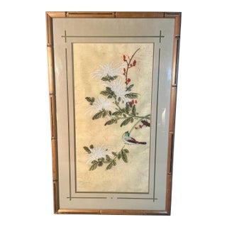 19th Century Chinese Silk Painting Bird & Florals Faux Bamboo Frame For Sale