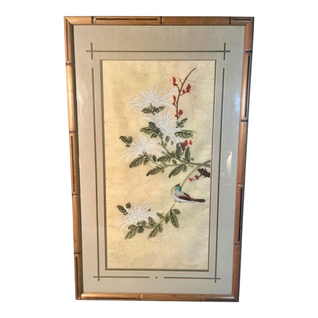 19th Century Chinese Silk Painting Bird & Florals Faux Bamboo Frame For Sale