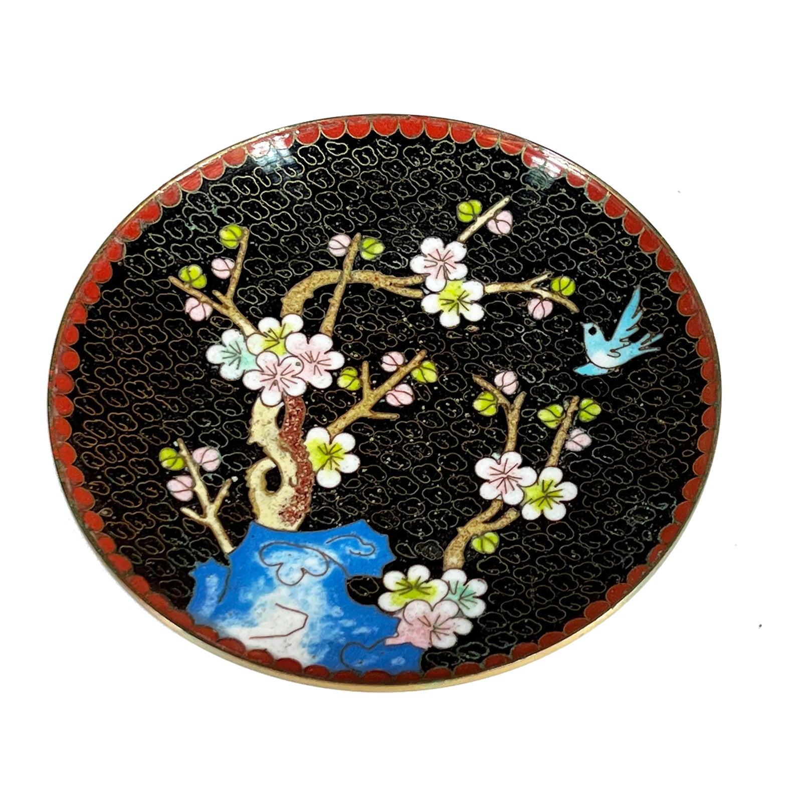 Vintage 1930's Chinese Cloisonne Blue Bird & Plum Blossom Tree Dish