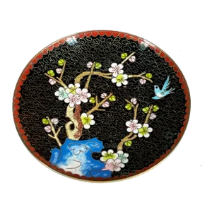 Vintage 1930's Chinese Cloisonne Blue Bird & Plum Blossom Tree Dish