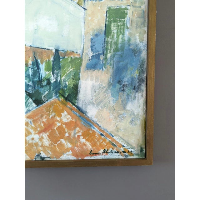 Textile Mid-Century Modern "Rustic Houses" Vintage Swedish Landscape Oil Painting, Framed For Sale - Image 7 of 12