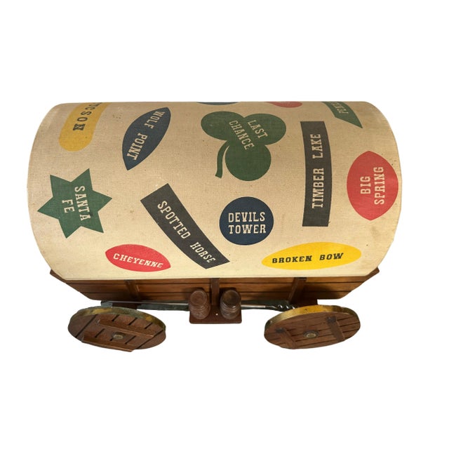 Vintage Tabletop Covered-Wagon Western Flip-Top Bar With Scotch Whiskey Glasses & Bar Tools- 20 Pieces For Sale - Image 6 of 12