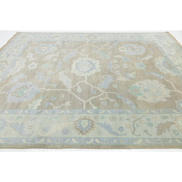 Modern Hand-Knotted Oushak Style Wool Rug in Muted Taupe, Soft Blue, and Seafoam For Sale - Image 11 of 12