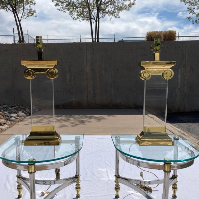 Postmodern Lucite & Brass Ionic Column Table Lamps - a Pair For Sale - Image 3 of 13