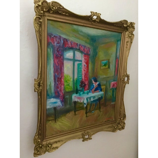 Post Impressionist Jacques Zucker, Woman in Salon French Interior Oil Painting Ecole D'Paris, WPA, Bezalel Artist For Sale - Image 3 of 5