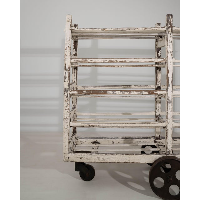 White Patinated Bakery Rack on Wheels, Antique, France, Early 20th Century For Sale - Image 9 of 10