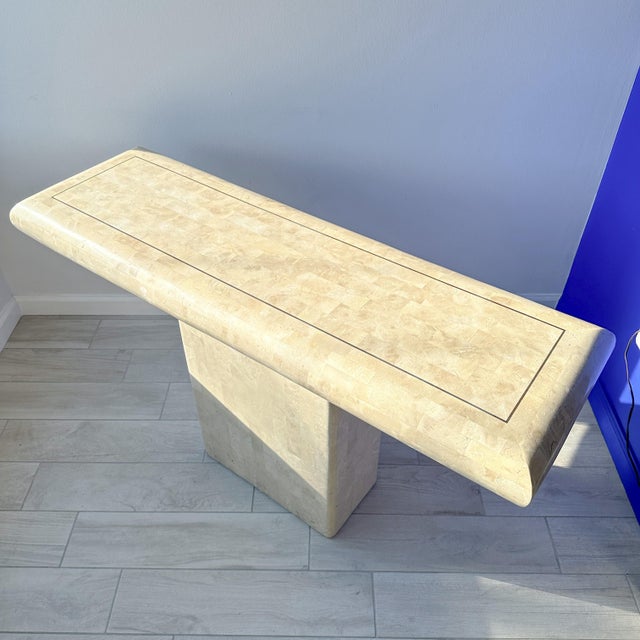 1970s Maitland Smith Tessellated Stone Pedestal Console Table With Brass Inlay For Sale - Image 5 of 12