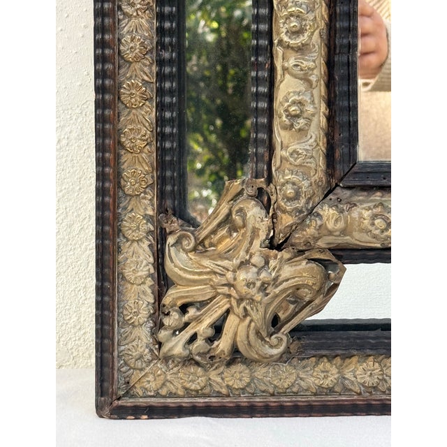 Mid 19th Century Gorgeous Antique Mirror 19th Century Dutch Ebony and Brass Repousse Cushion For Sale - Image 5 of 10