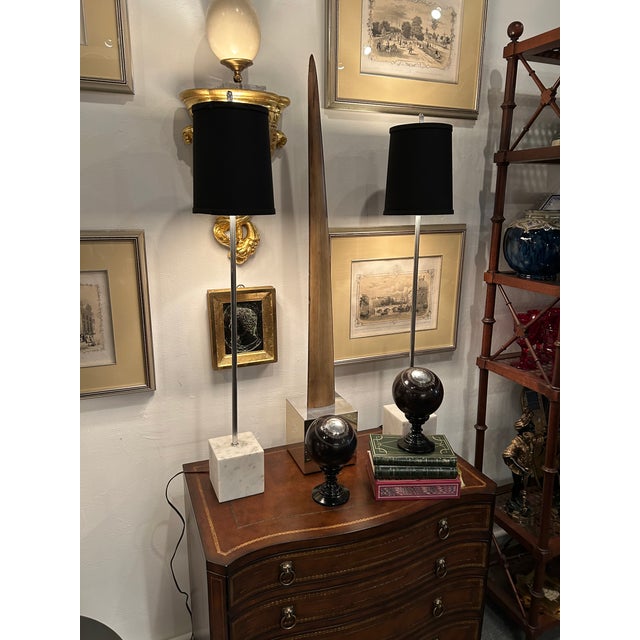 Stone Midcentury Modern Elongated Chrome & Marble Table Lamps- A Pair For Sale - Image 7 of 7