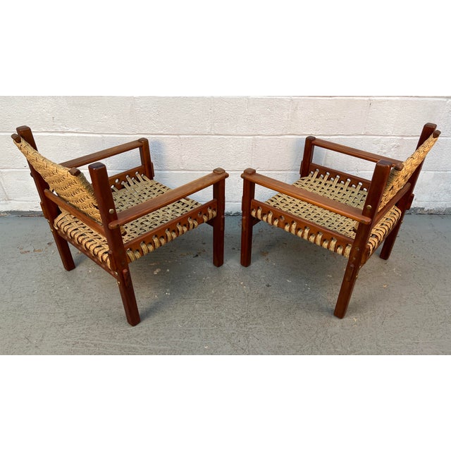 Wood Pair of Mid-Century Teak Danish Woven Raffia Lounge Chairs For Sale - Image 7 of 10