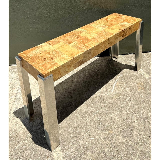 Late 20th Century Vintage Laminate Burl Wood and Chrome Console Table For Sale - Image 5 of 18