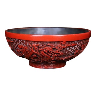 Vintage Chinese Cinnabar Carved Lacquer Bowl With Dragon Motif For Sale