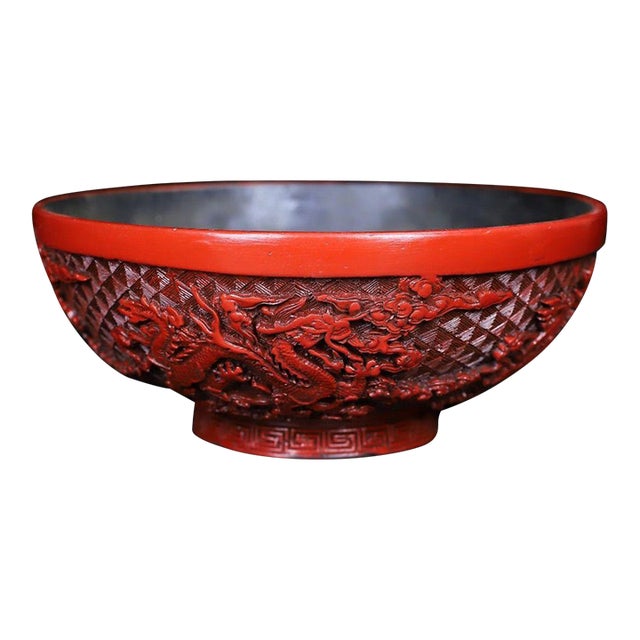 Vintage Chinese Cinnabar Carved Lacquer Bowl With Dragon Motif For Sale