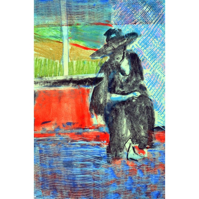 Figurative abstract with a colorful textured background and figure in black by an unknown artist (American, 20th Century)....