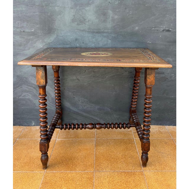 Wood Spanish Barley Twist Table with Inlaid Marquetry Top, Early 20th Century For Sale - Image 7 of 13
