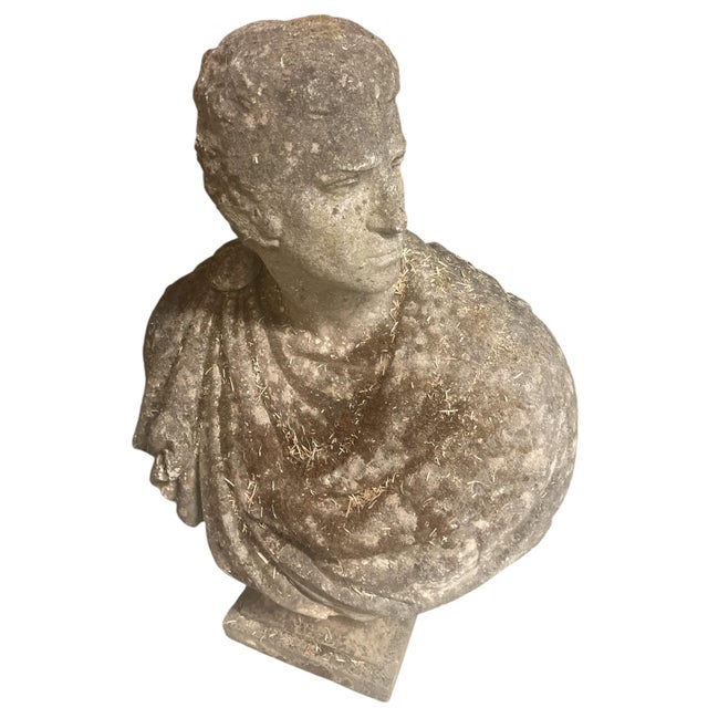 1970s Large 39" Neoclassical Weathered Cast Stone Male Bust For Sale - Image 4 of 8