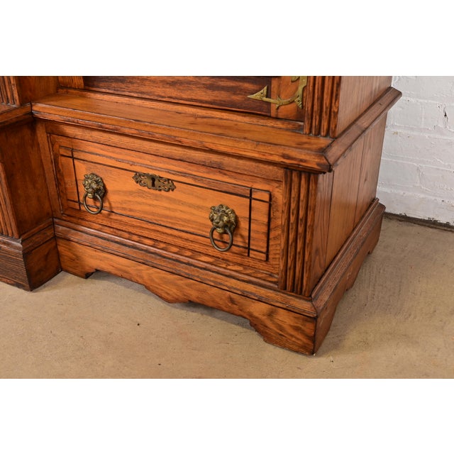 Wood Herter Brothers Style Antique Eastlake Victorian Carved Oak Triple Bookcase Cabinet, Circa 1880s For Sale - Image 7 of 12