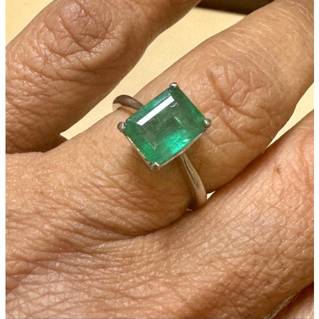 Natural 2.2 Carat Emerald Cut Zambian Emerald Ring in Platinum, Estate, Size 5.5 For Sale - Image 17 of 18