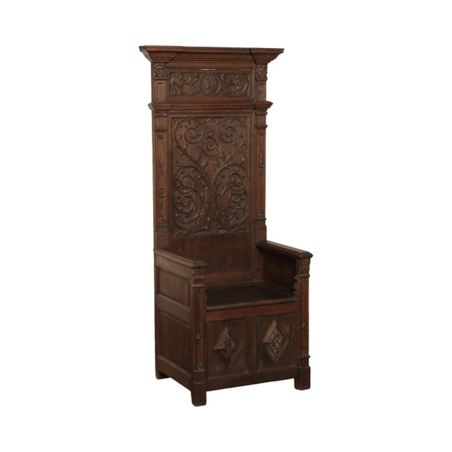 Antique French Renaissance Revival Oak Throne Chair Hall Seat For Sale - Image 13 of 13