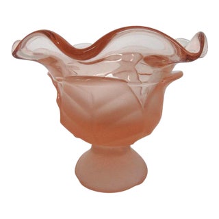 Viking Glass Epic Leaf Satin Pink Ruffled Rim Candy Dish Compote For Sale