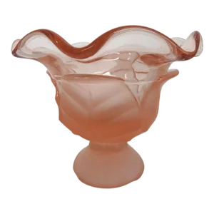 Viking Glass Epic Leaf Satin Pink Ruffled Rim Candy Dish Compote