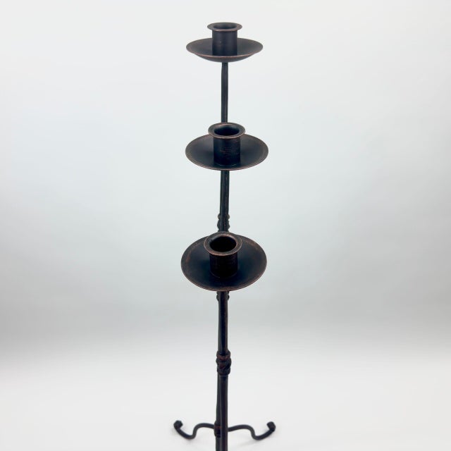 Hand Forged Iron Candelabra Set of 3 (93-113cm) Antique Copper Finish Twisted Stem Floor Set For Sale - Image 4 of 6