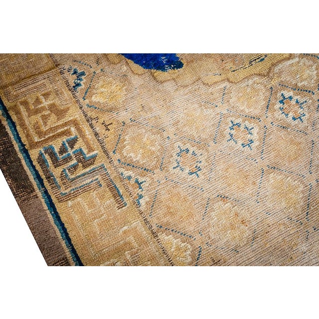 1880s Antique Camel Ground Geometric Foo Dog Knotted Chinese Ningxia Rug For Sale - Image 4 of 10