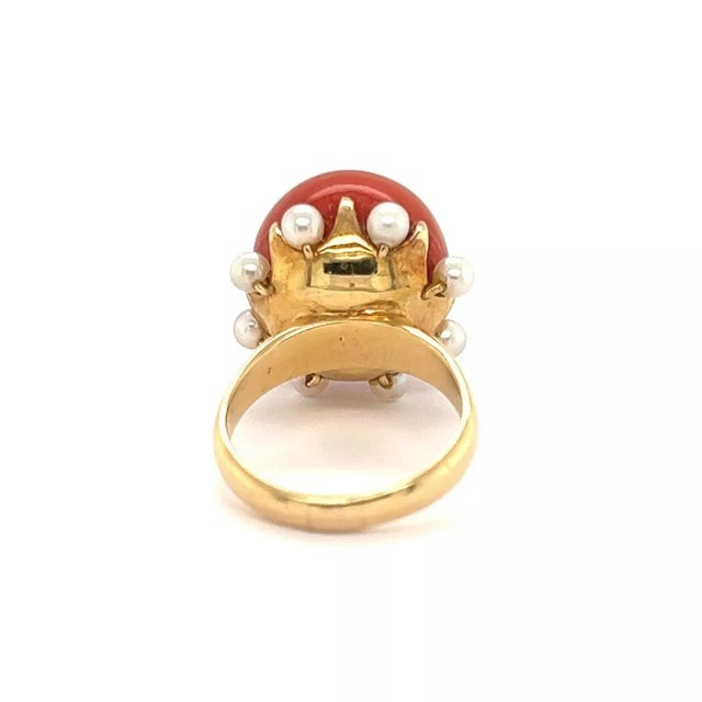 Metal Coral & Seed Pearls Cocktail 14k Yellow Gold Ring - Size 5 For Sale - Image 7 of 7