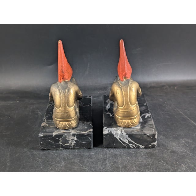 Metal 1920's Art Deco Hirsch Pixie Girl Bookend Pair Painted Bronze on Marble For Sale - Image 7 of 10