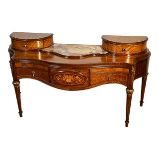 1920 Antique French Louis XVI Satinwood Inlay & Marble Top Vanity Ladies Desk For Sale