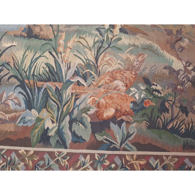 Vintage Hunting Scene Tapestry Wall Hanging With Dogs & Pheasant For Sale - Image 4 of 8