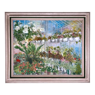 1970s Honey W. Kurlander "Greenhouse" Original Oil Painting on Canvas For Sale
