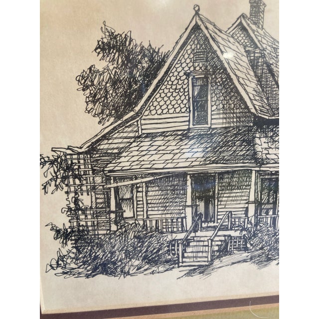 Mid-Century Modern 1974 Vintage Framed Architectural House Illustration, Signed For Sale - Image 3 of 8